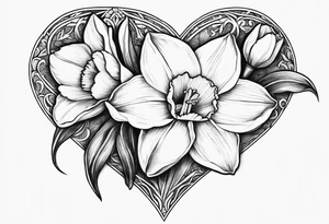 Daffodils in a heart shape with pawprint in center tattoo idea