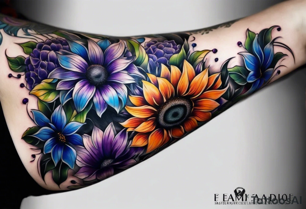 Full leg sleeve with purple, orange and blue sunflowers tattoo idea
