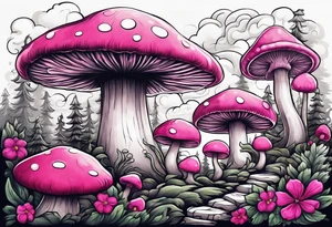 pink and white mushroom forest, smoke coming from caterpillars mouth tattoo idea