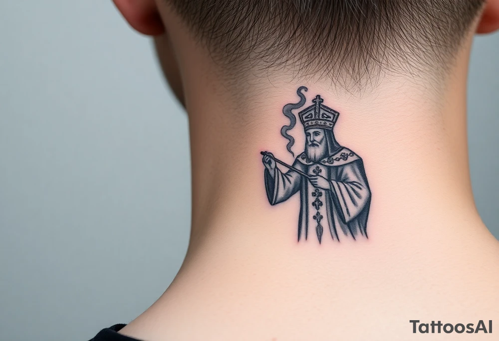 Russian Orthodox Priest in a fully detailed gold vestment swinging a censer with smoke curling upward tattoo idea
