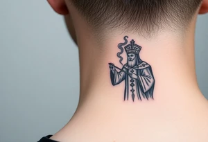 Russian Orthodox Priest in a fully detailed gold vestment swinging a censer with smoke curling upward tattoo idea