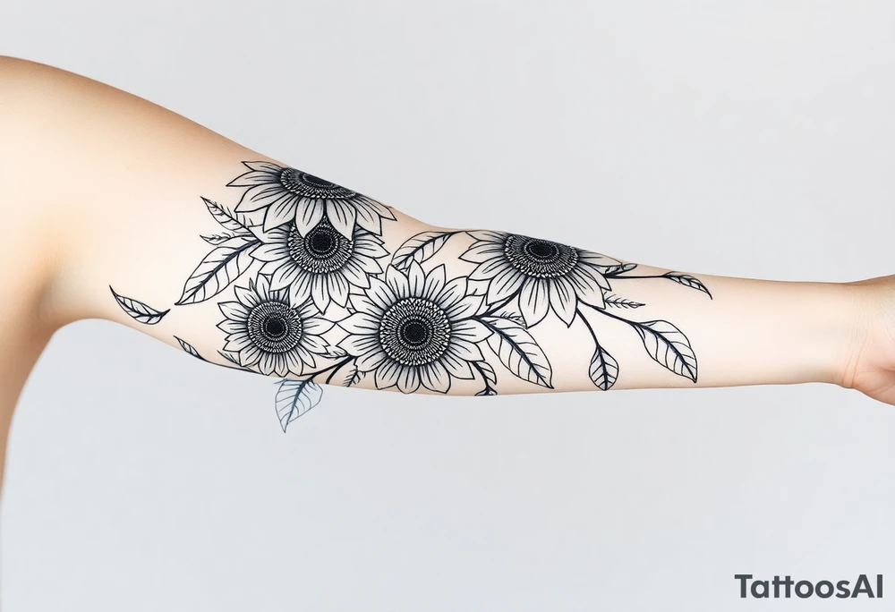 Bohemian, hippie sunflowers/mandalas growing along a swirly vine tattoo idea