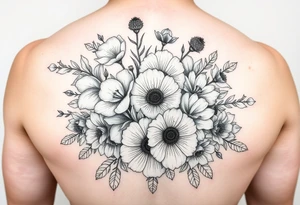 Fine line tattoo bouquet including sweet pea flowers, honeysuckle flowers, a lot of cosmos and peonies. tattoo idea