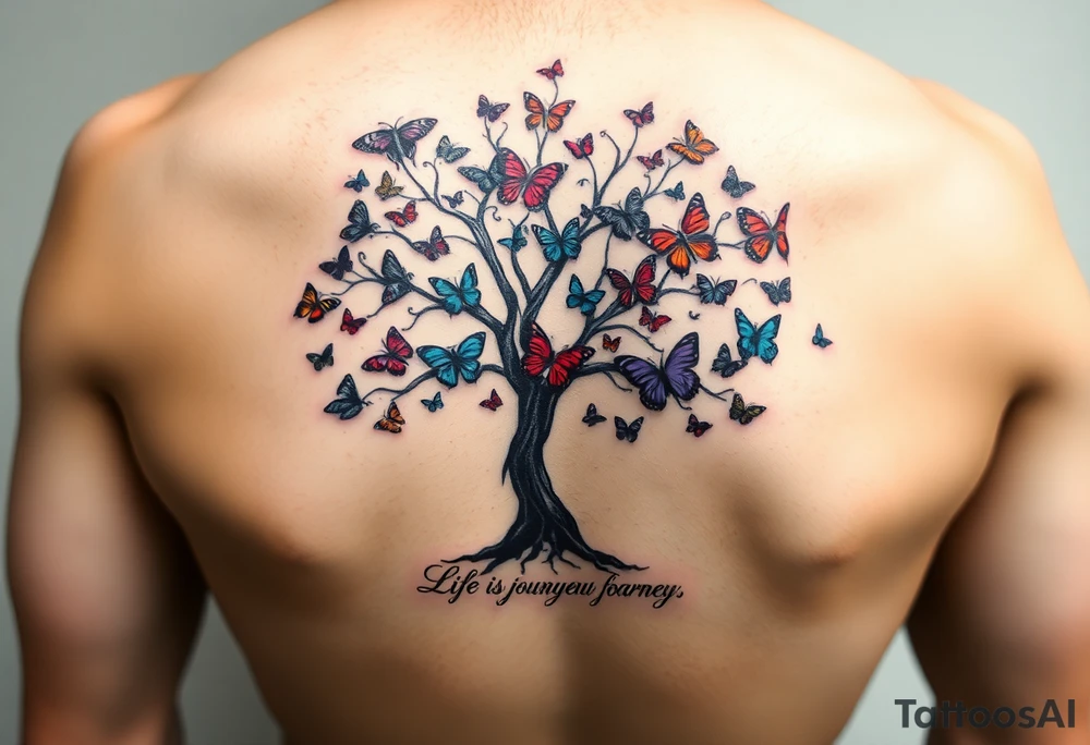 Colorful tree of life with colors purple,red, turquoise,gray , black with 23 beautiful colorful butterflies and the words" Life is a journey that you should live and learn from. tattoo idea