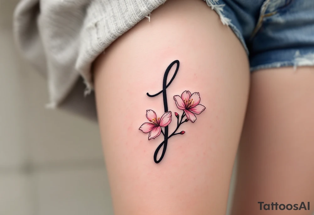 Classic script "J" in fine-line black ink, paired with a delicate pink cherry blossom. tattoo idea