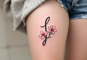 Classic script "J" in fine-line black ink, paired with a delicate pink cherry blossom. tattoo idea