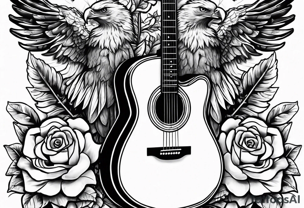 acoustic guitar with roses and eagles tattoo idea
