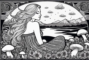 Straight blonde hair girl in black and white striped dress sleeping back facing
in a field of mushrooms with mountains s
and crescent moon mandala background tattoo idea