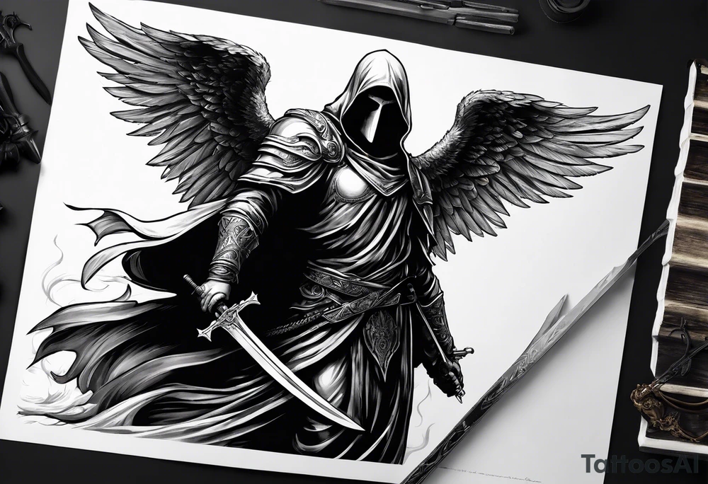 realistic angel of death, man, full body, no face visible, holding one sword, sword vertically pointing downwards, both hands are holding the sword tattoo idea