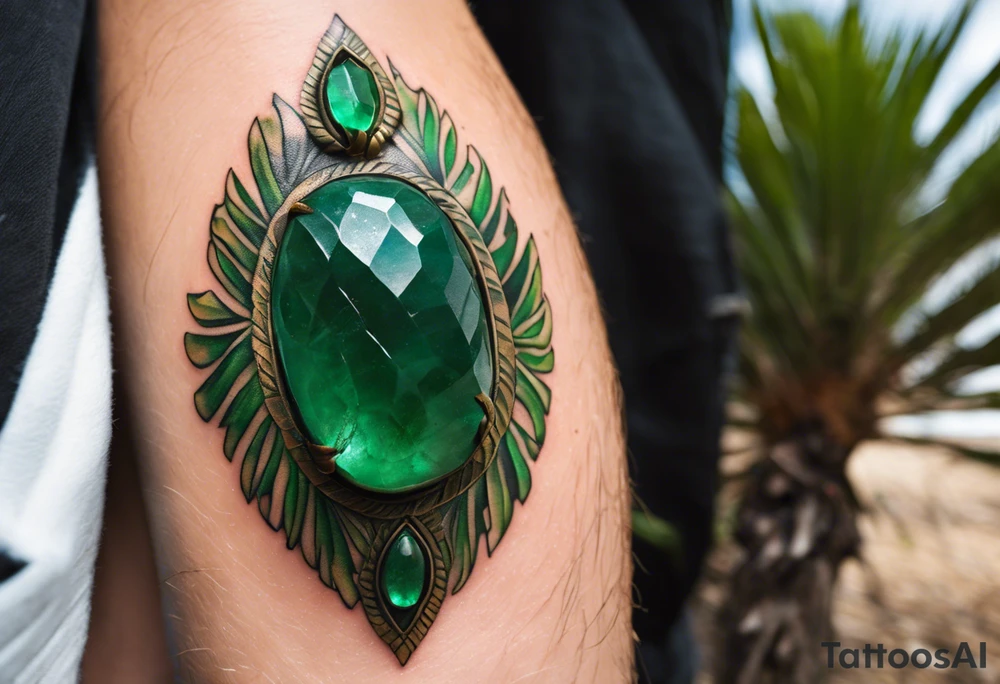Tattoo: A striking Gachala emerald sits at the base of a tall quindio wax palm, which grows resiliently from cracks in rugged, rocky soil. The emerald is the main focal point, symbolizing strength and endurance, while the wax palm, rooted in the soil’s crevices, represents growth and resilience. A small water stream flows gently from the rocks, adding an element of life and nourishment. Style: Geometric. tattoo idea