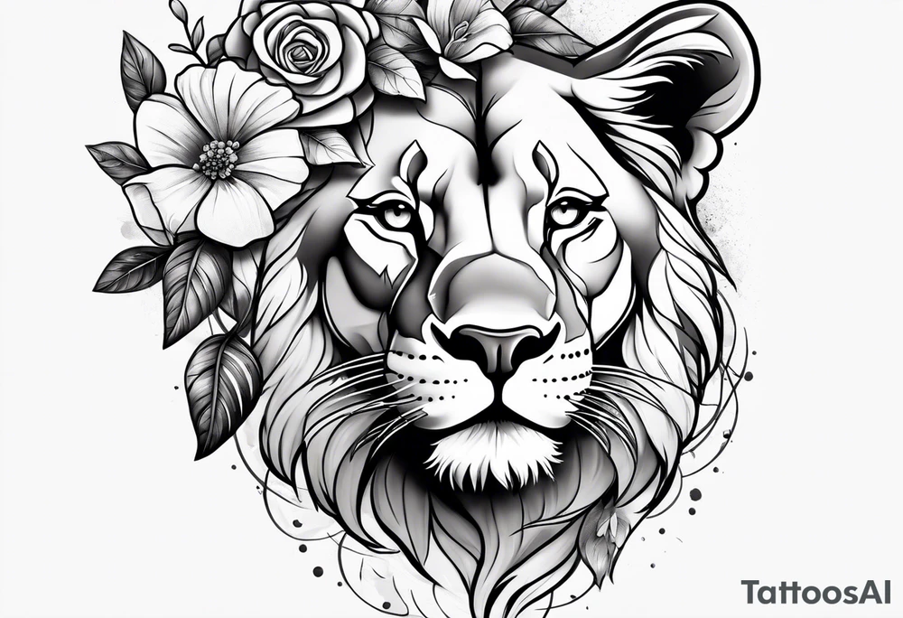 Lioness head with flowers tattoo idea