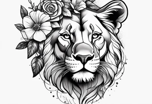 Lioness head with flowers tattoo idea