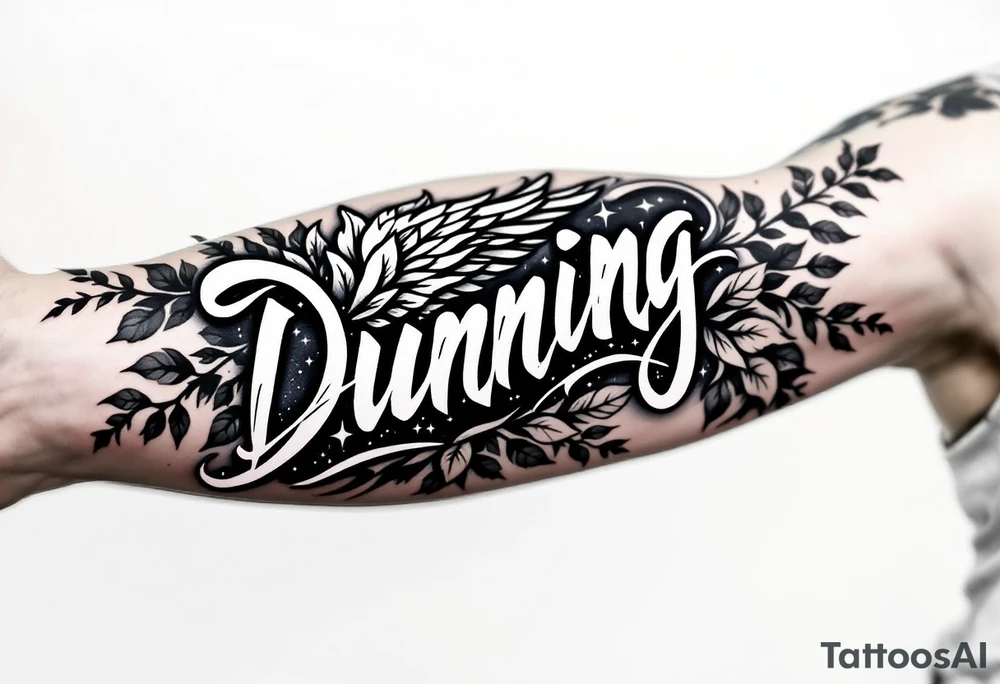 Dunning, Details include on left arm, name in white color,angel wing, wet jungle leaves,cool font, galaxy background filling, tattoo idea