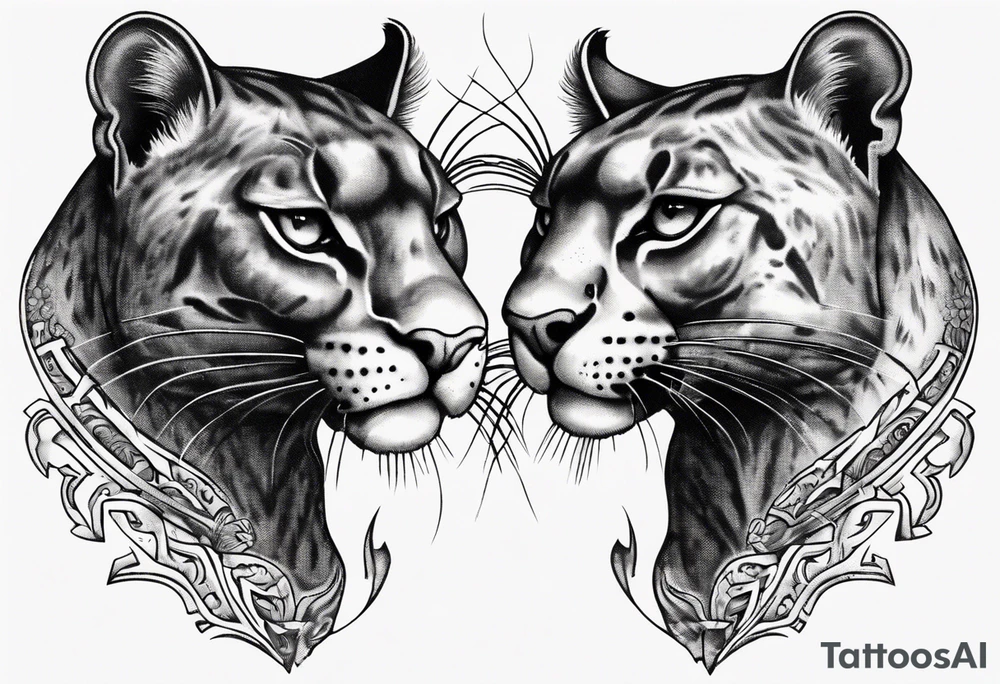 Two black pumas walking past each other and looking at each other, seen from above tattoo idea