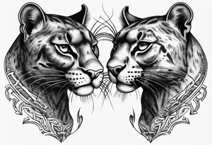 Two black pumas walking past each other and looking at each other, seen from above tattoo idea