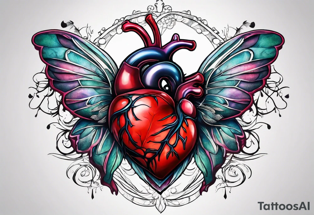 Anatomical Heart, bleeding, stitched, moth sitting on top of heart tattoo idea