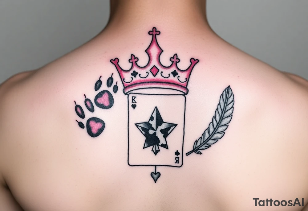 pink princess crown on top of puppy paw prints, king of hearts card, army camouflage star, feathers tattoo idea