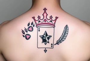 pink princess crown on top of puppy paw prints, king of hearts card, army camouflage star, feathers tattoo idea
