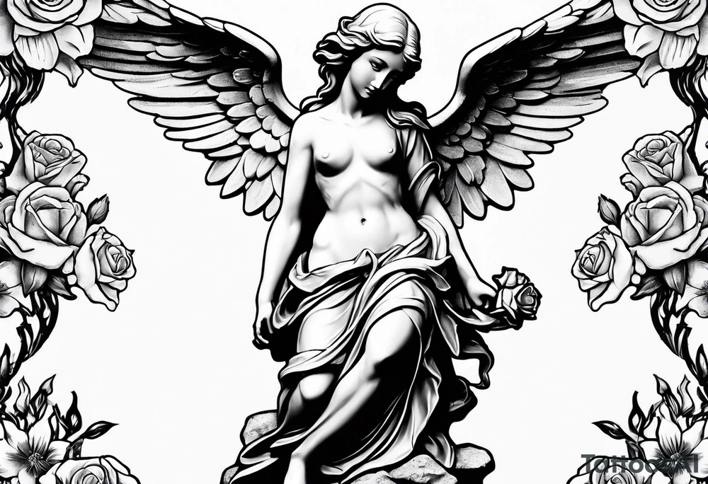 Simple Angel statue stood on a rock with daffodils and roses wrapped around its legs tattoo idea