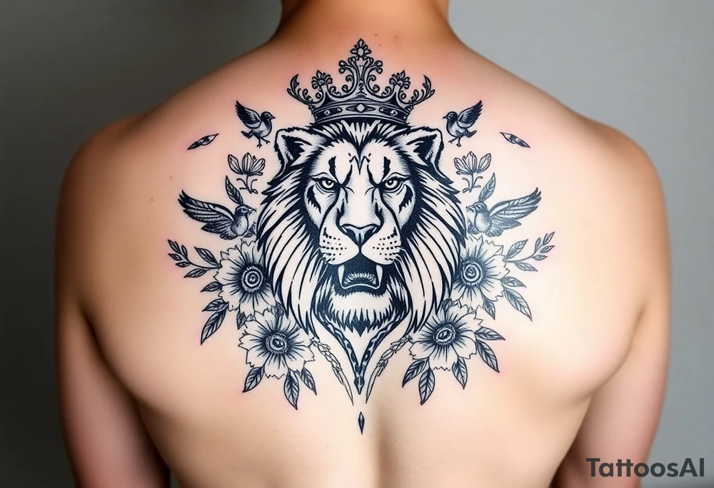powerful majestic lion with a crown, surrounded by floral ornaments and birds tattoo idea