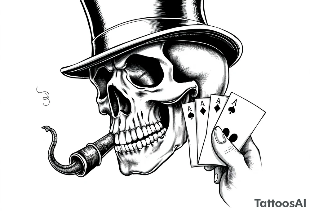 a skull with mustache, a big cigar in his mouth,top-hat on his head and playing cards in a hand. tattoo idea