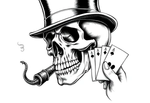 a skull with mustache, a big cigar in his mouth,top-hat on his head and playing cards in a hand. tattoo idea