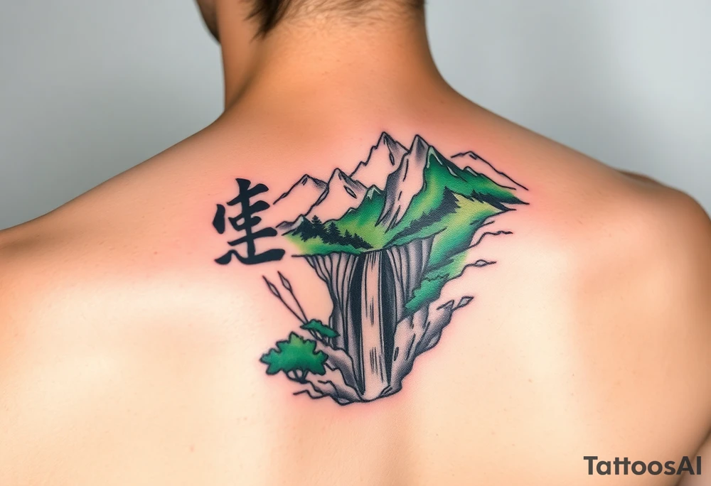 သား  surrounded by a colorful green mountainside with a waterfall tattoo idea