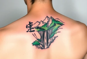 သား  surrounded by a colorful green mountainside with a waterfall tattoo idea