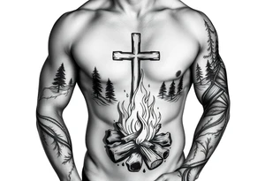 Campfire with cross hidden in the flames include the great outdoors tattoo idea