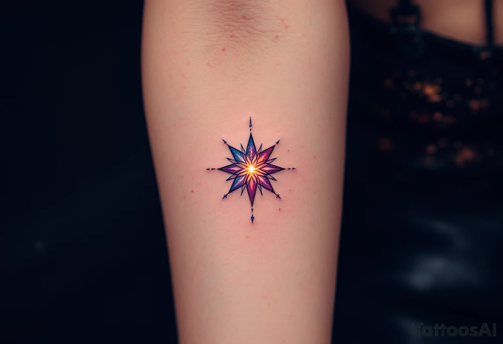 A galaxy-inspired eight-pointed star tattoo sparkles with cosmic wonder and expansion. tattoo idea