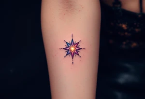 A galaxy-inspired eight-pointed star tattoo sparkles with cosmic wonder and expansion. tattoo idea