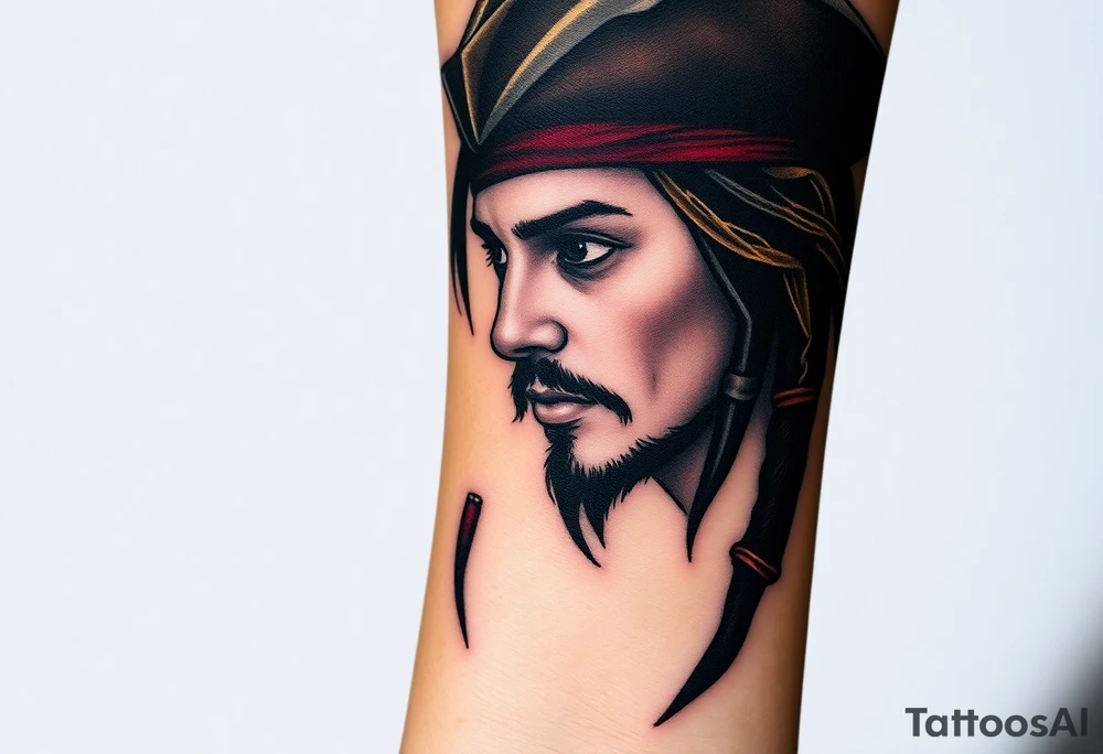 A side-profile portrait of Jack Sparrow with a shadowy skull in the background, symbolizing his connection to death and the supernatural, shaded in grayscale with faint red and gold highlights tattoo idea