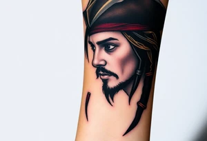 A side-profile portrait of Jack Sparrow with a shadowy skull in the background, symbolizing his connection to death and the supernatural, shaded in grayscale with faint red and gold highlights tattoo idea