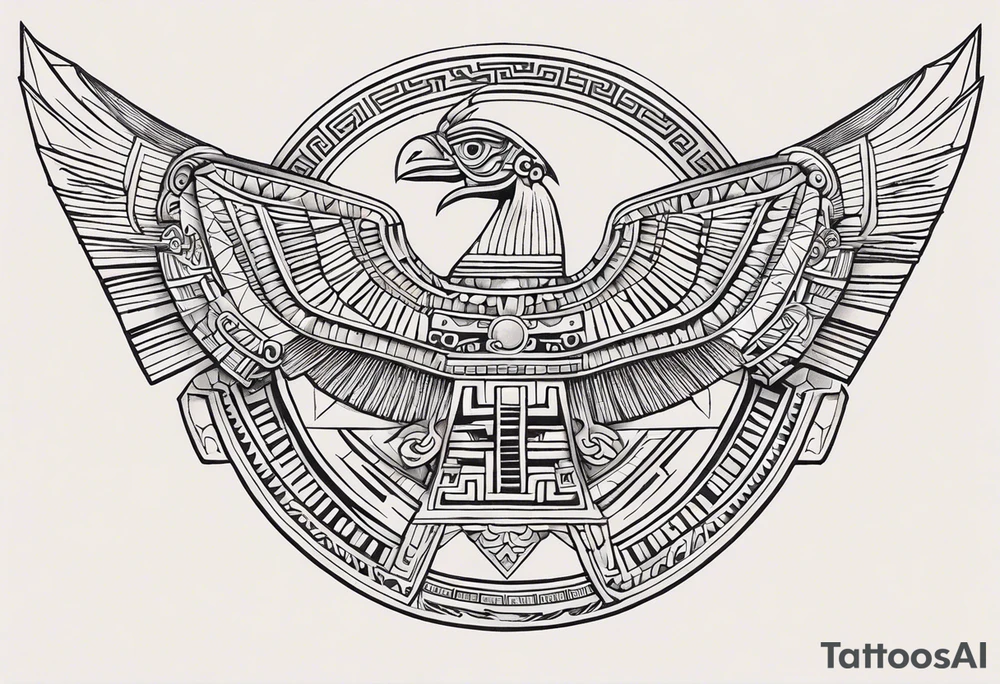 Create a right chest tattoo of Quetzalcoatl based on the original depiction discovered in the Pyramid of the Sun at Teotihuacan. Use the ancient feathered serpent form, with Quetzalcoatl's body coiling in a strong, fluid motion across the chest. Maintain the authenticity of the Teotihuacan style, with bold, angular geometric patterns and intricate detailing in the scales and feathers. The face should feature a traditional Mesoamerican headdress and mask, with the god's fierce, regal expression preserved. Make the eyes intense and striking, with sharp fangs protruding. Use black and gray shading to give the design depth, keeping the ancient stone carving aesthetic, but add subtle modern touches to enhance the masculine and powerful feel. Incorporate authentic Aztec motifs around the serpent, like the sun and stepped pyramids, as part of the chest piece to anchor the design in its historical context tattoo idea