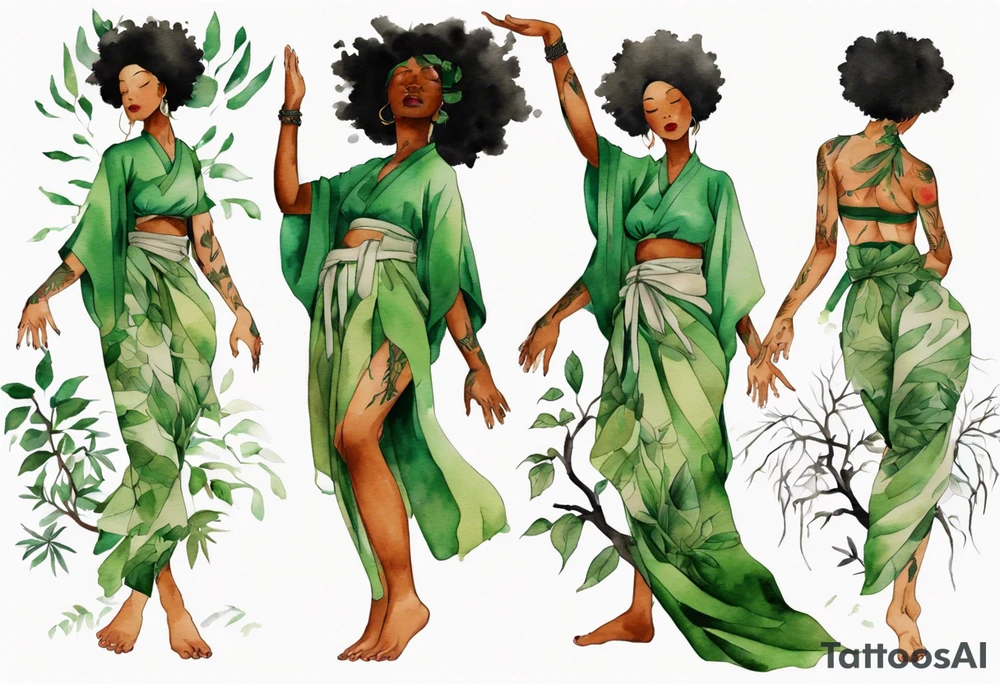 a black woman wearing a green tunic with the lower-half of a tree, her arms raised towards the sun, with tree roots for legs tattoo idea