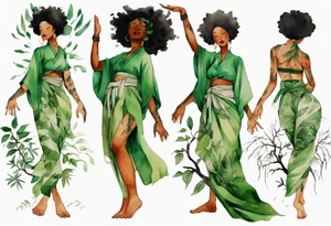 a black woman wearing a green tunic with the lower-half of a tree, her arms raised towards the sun, with tree roots for legs tattoo idea