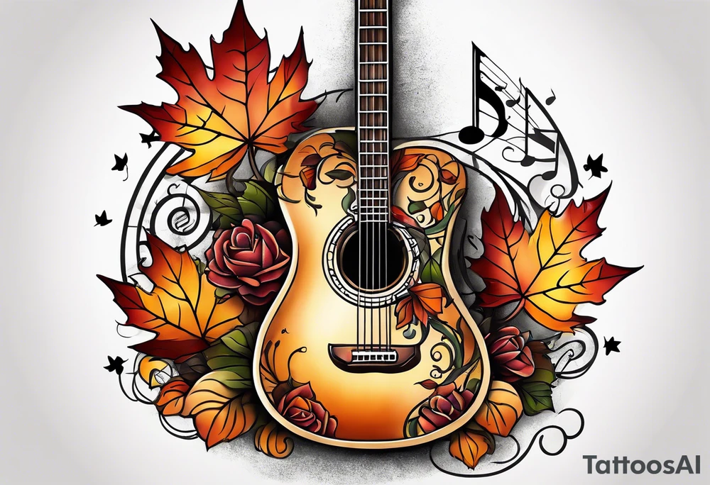 thigh tattoo with fall colors music symbols and a guitar tattoo idea
