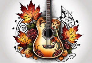 thigh tattoo with fall colors music symbols and a guitar tattoo idea