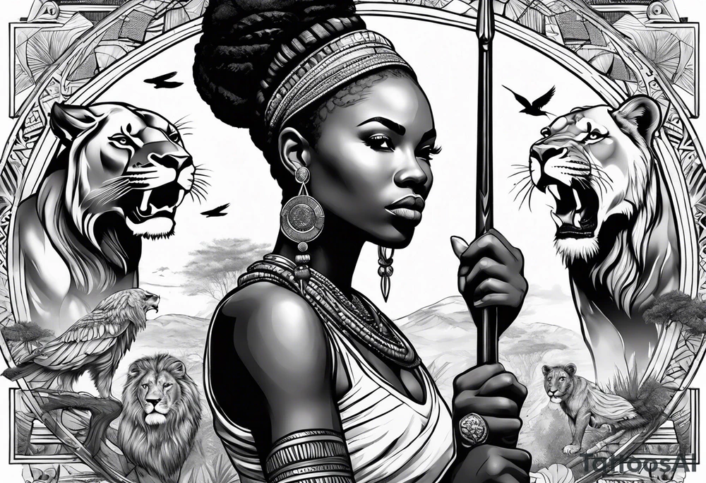 African woman warrior holding spear with deadlocks and earrings. With lion and birds in the background tattoo idea