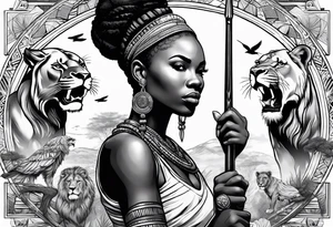 African woman warrior holding spear with deadlocks and earrings. With lion and birds in the background tattoo idea