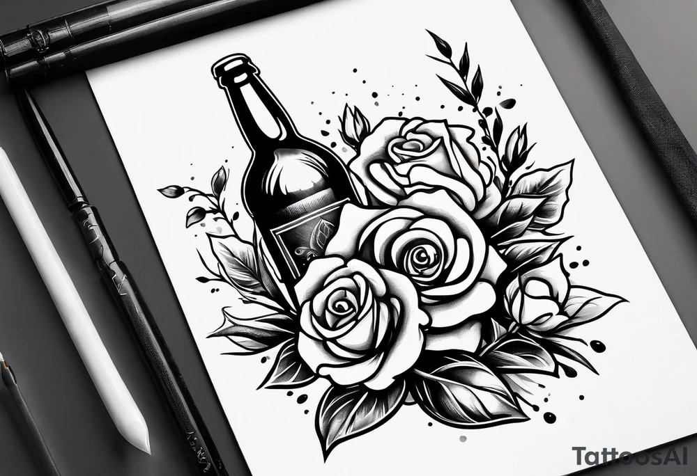 A bottle of beer and a stalk of rose in the bucket tattoo idea
