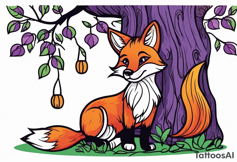 A red fox playing with a black cat underneath a weeping willow tree with purple and green leaves tattoo idea