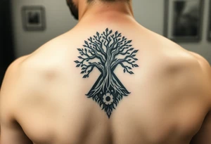 HIV positive symbol with mystical tree of life with cosmic roots and celestial branches tattoo idea