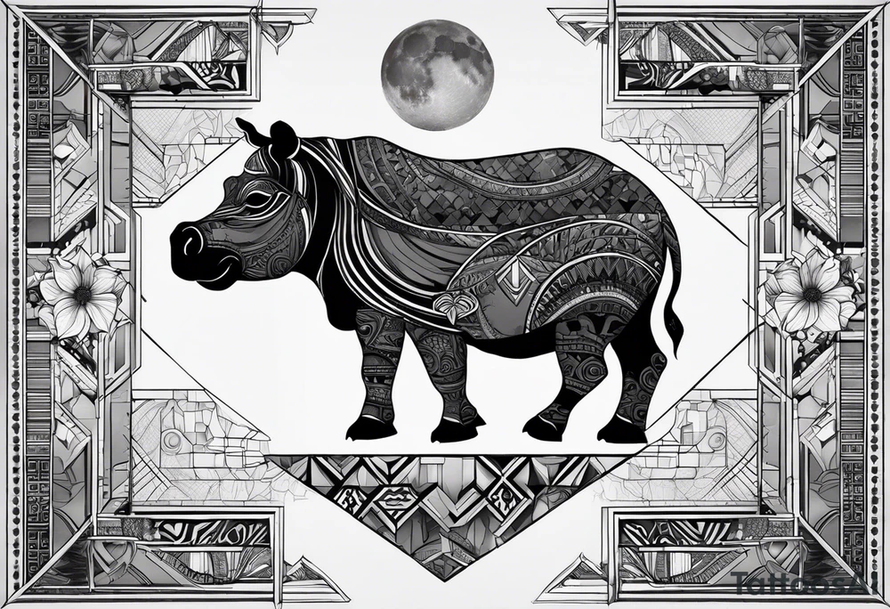 Very asymmetrical, +geometric pattern, with realistic full moon, with hippo,+tribal, +geometric, +inkart , +blackwork, +grey scale, + sketch
with wintersweet flower bud, +for men, detailed layering , modify from my favourites , dont look like a cow tattoo idea