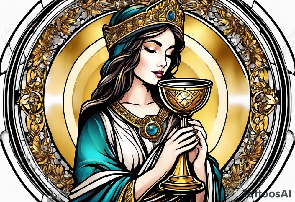 woman saint holding chalice surrounded by golden halo sideways tattoo idea