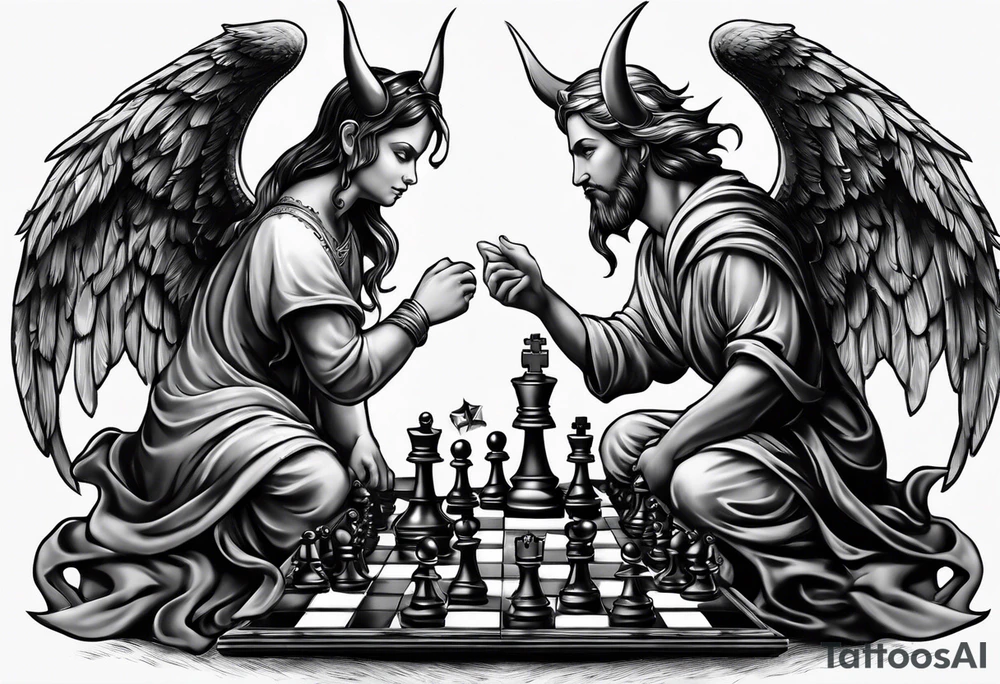 angel vs devil playing chess tattoo idea