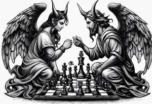 angel vs devil playing chess tattoo idea