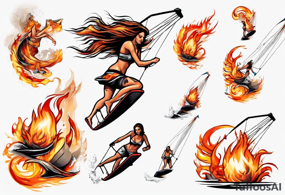 Woman doing Kitesurfing tricks in fire tattoo idea