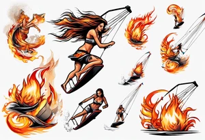 Woman doing Kitesurfing tricks in fire tattoo idea