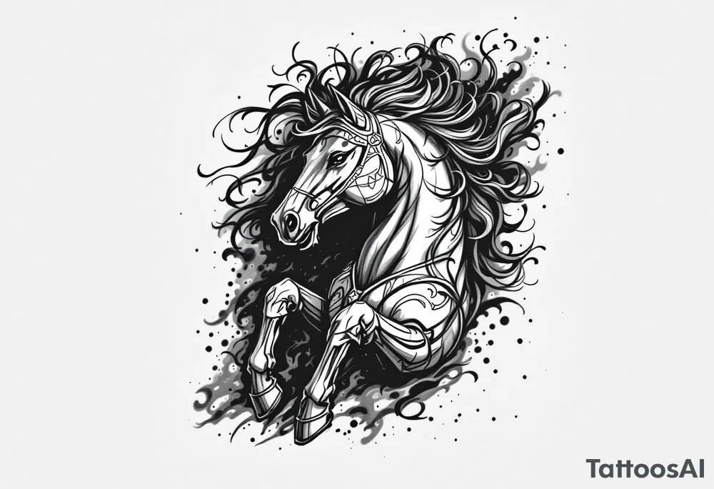 a knight of chess piece. it doesn't have legs, it's a chess piece. 
The knight piece is depicted in motion, slightly tilted forward as if it's charging or coming out of the shadows. The knight’s face is detailed but with a focus on the horse's strong features: its mane flowing in the wind, and the body etched with intricate details to represent strength and agility. The knight is emerging from a shadow, with the front part of the body illuminated in soft, warm light. The shadowed portions near the back and tail create a mystical aura. tattoo idea
